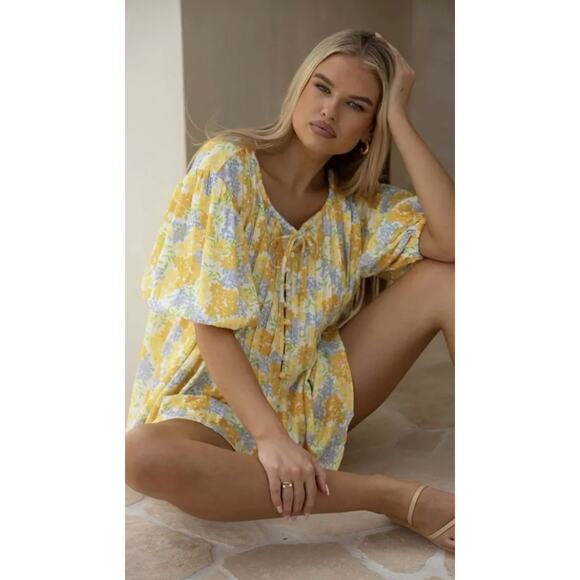 Sabo Tops - Sabo Leta Top Womens Lg Yellow Floral Puff Sleeve Pintuck Cottage Coastal Boho